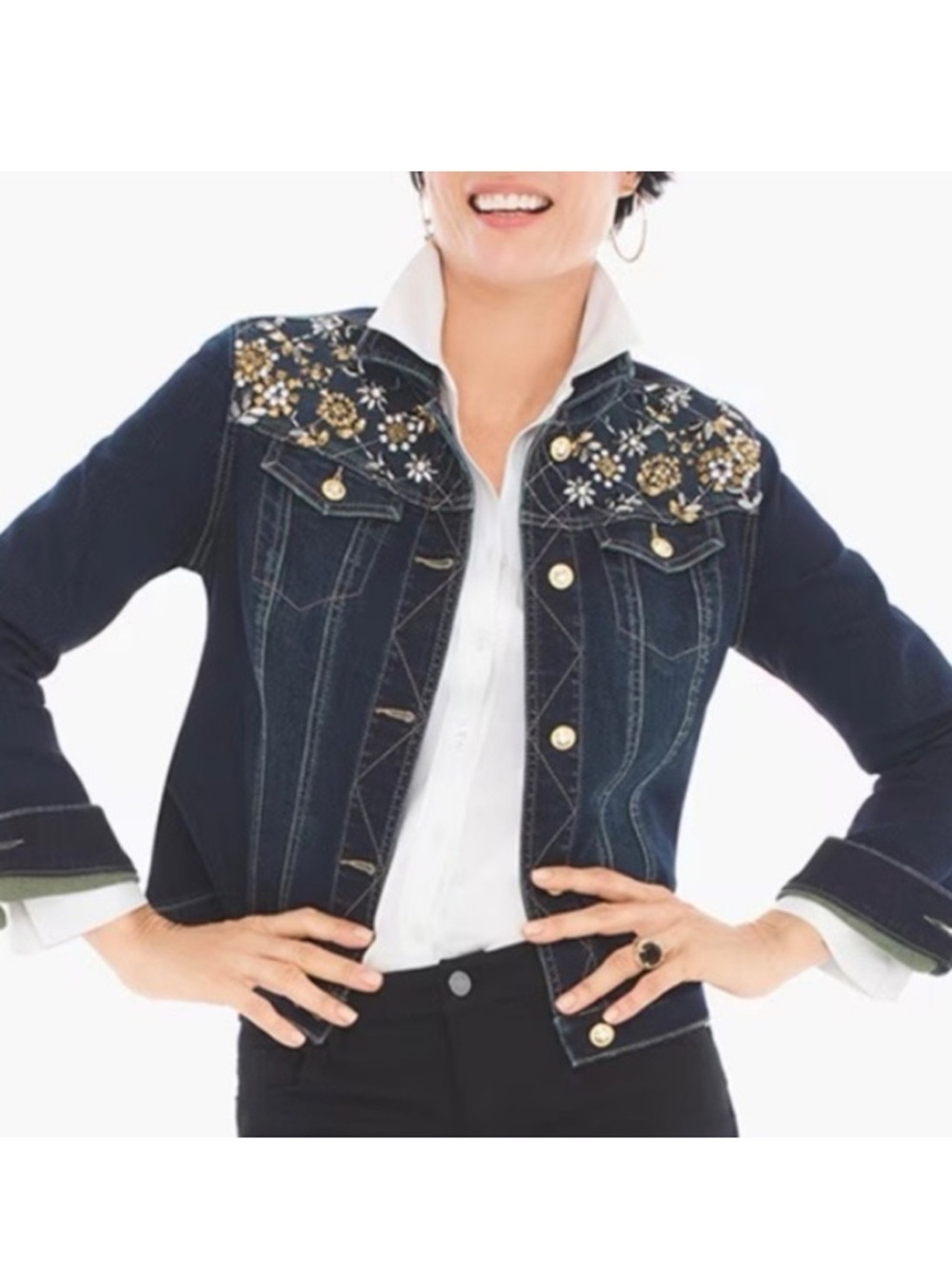 Chico's Dark Blue Denim Jacket with Gold Floral Embroidery